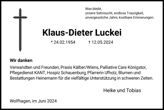 Todesanzeige von Klaus-Dieter Luckei von HNA