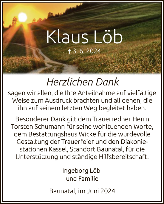 Todesanzeige von Klaus Löb von HNA