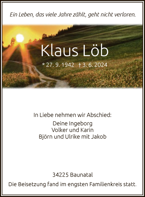 Todesanzeige von Klaus Löb von HNA