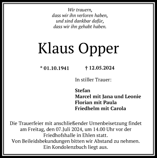 Todesanzeige von Klaus Opper von HNA
