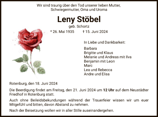 Todesanzeige von Leny Stöbel von HNA