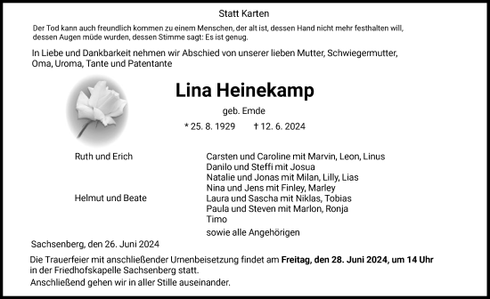 Todesanzeige von Lina Heinekamp von HNAWLZ