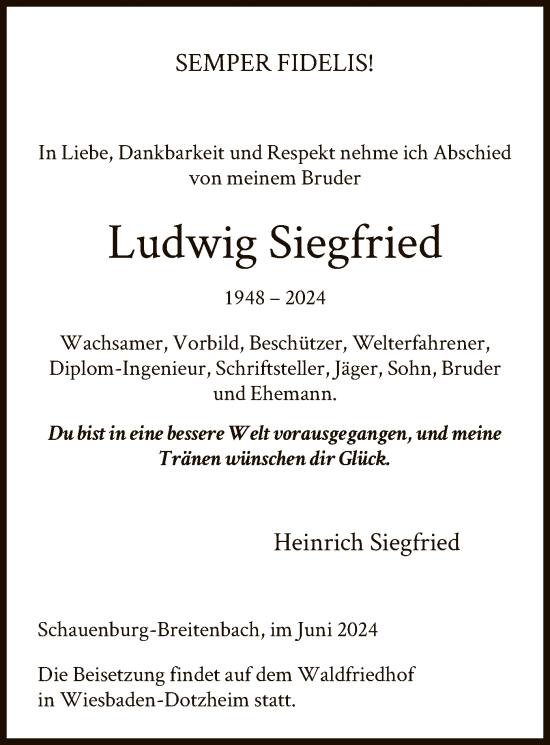 Todesanzeige von Ludwig Siegfried von HNA