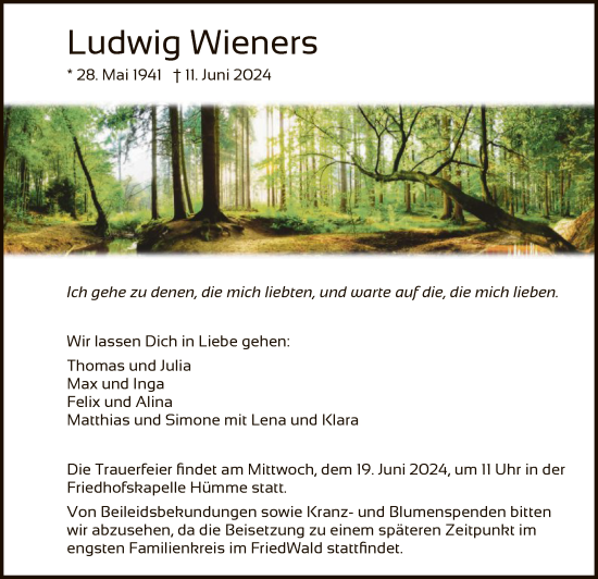 Todesanzeige von Ludwig Wieners von HNA