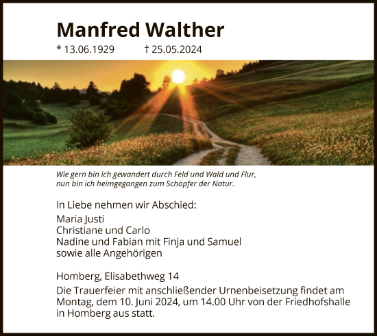 Todesanzeige von Manfred Walther von HNA
