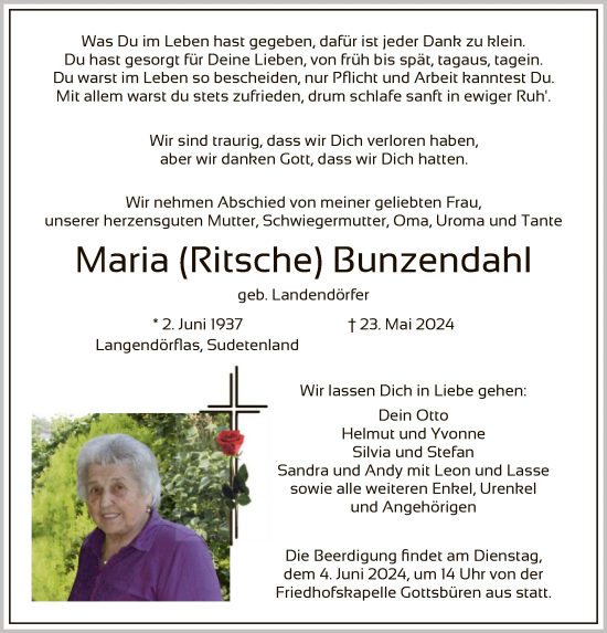 Todesanzeige von Maria Bunzendahl von HNA