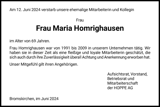 Todesanzeige von Maria Homrighausen von HNA