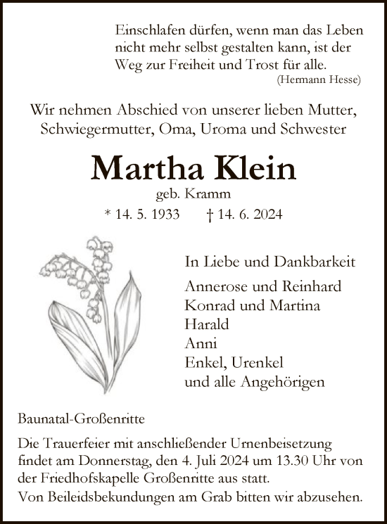 Todesanzeige von Martha Klein von HNA