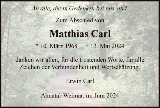 Todesanzeige von Matthias Carl von HNA