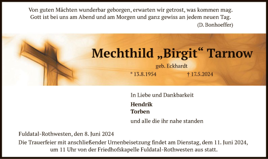 Todesanzeige von Mechthild Tarnow von HNA
