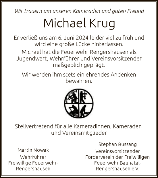 Todesanzeige von Michael Krug von HNA