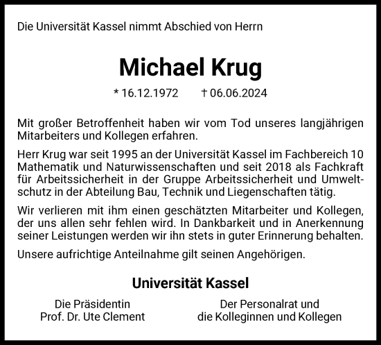 Todesanzeige von Michael Krug von HNA