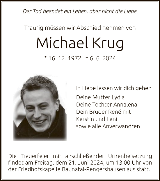 Todesanzeige von Michael Krug von HNA