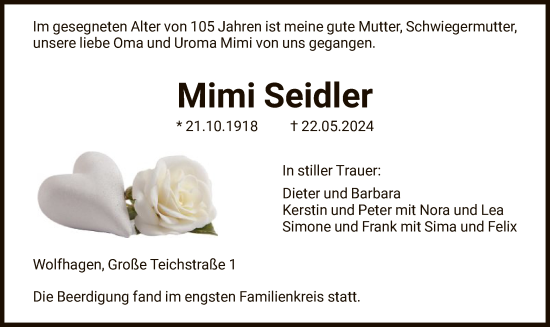 Todesanzeige von Mimi Seidler von HNA