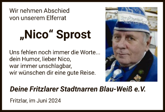 Todesanzeige von Nico Sprost von HNA