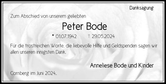 Todesanzeige von Peter Bode von HNA