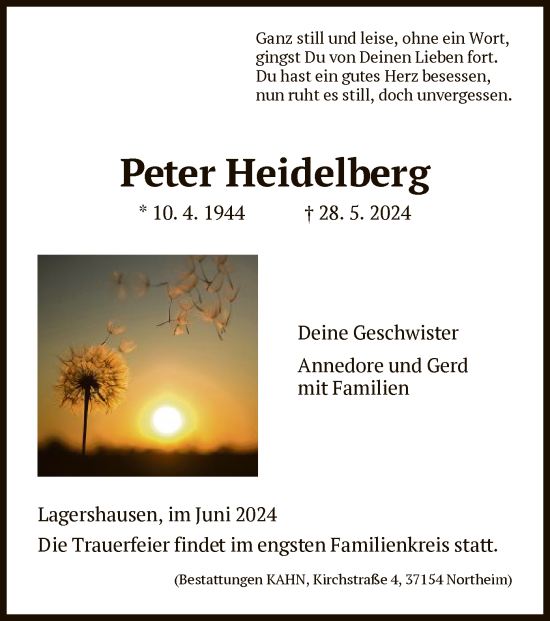 Todesanzeige von Peter Heidelberg von HNA