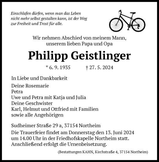 Todesanzeige von Philipp Geistlinger von HNA