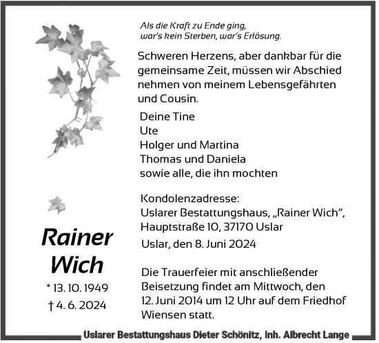 Todesanzeige von Rainer Wich von HNA