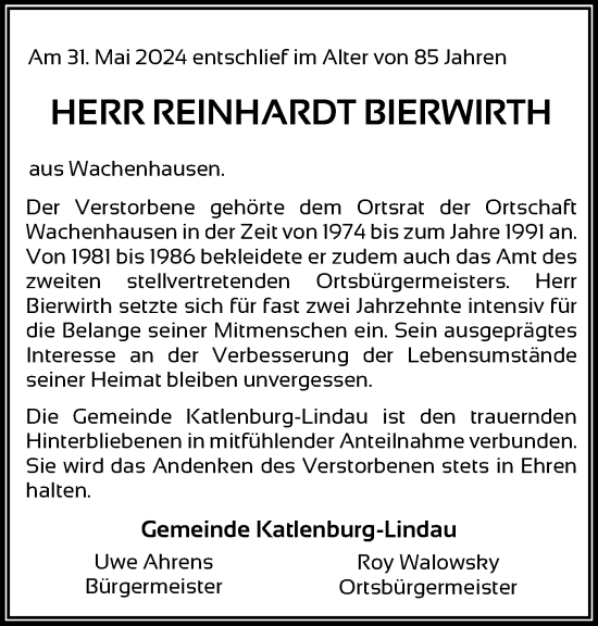 Todesanzeige von Reinhardt Bierwirth von HNA