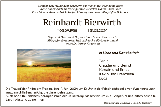 Todesanzeige von Reinhardt Bierwirth von HNA
