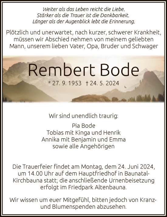 Todesanzeige von Rembert Bode von HNA