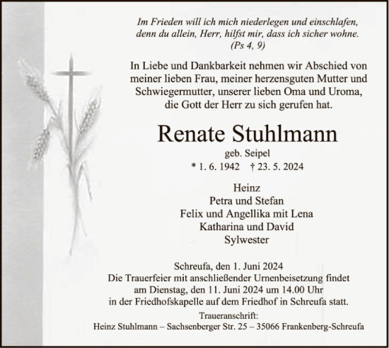 Todesanzeige von Renate Stuhlmann von HNA
