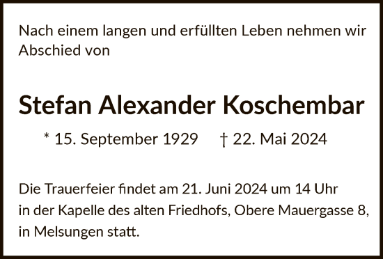 Todesanzeige von Stefan Alexander Koschembar von HNA