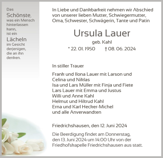 Todesanzeige von Ursula Lauer von HNA
