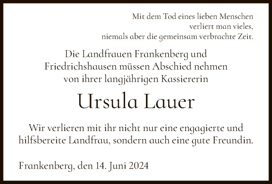 Todesanzeige von Ursula Lauer von HNA