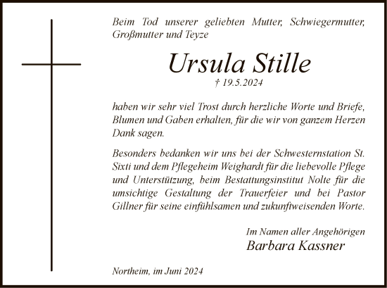 Todesanzeige von Ursula Stille von HNA