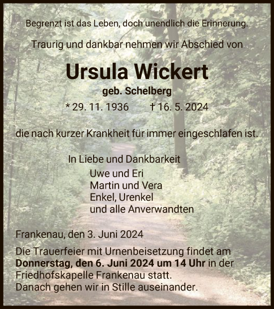 Todesanzeige von Ursula Wickert von HNA