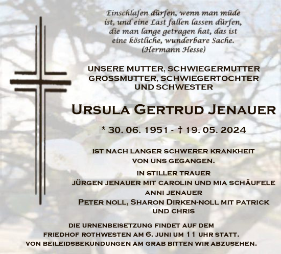 Todesanzeige von Ursula Gertrud Jenauer von HNA