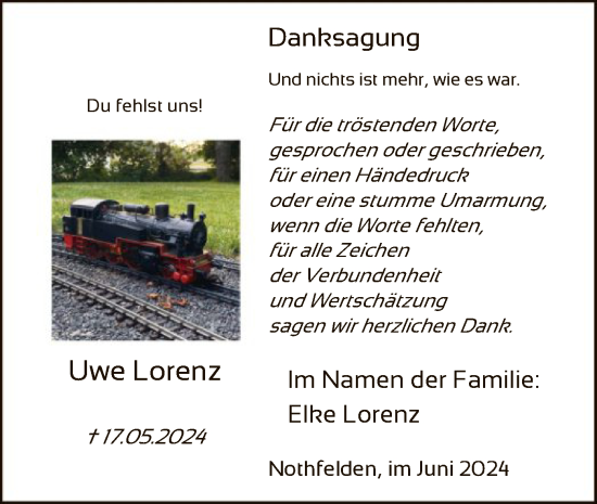 Todesanzeige von Uwe Lorenz von HNA