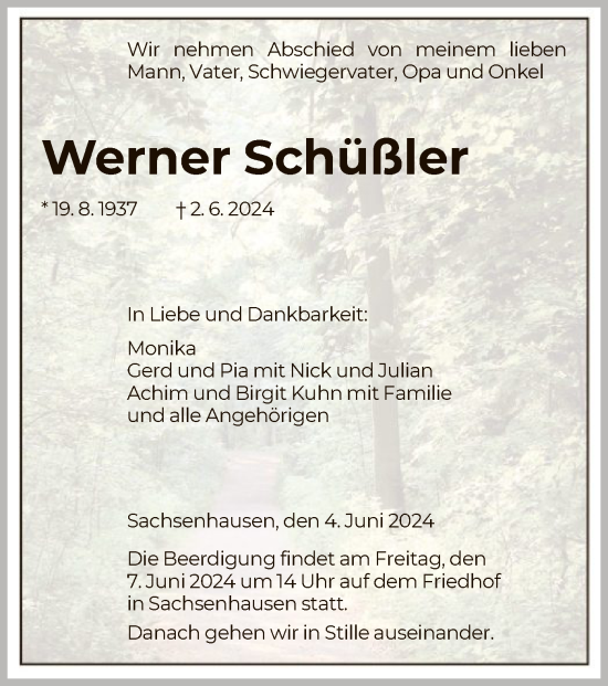 Todesanzeige von Werner Schüßler von HNA