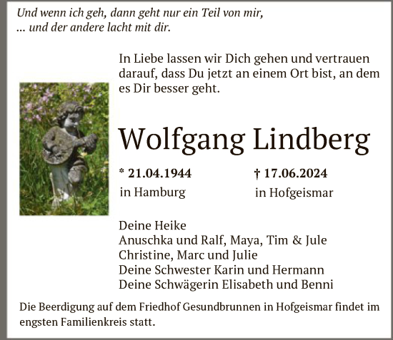 Todesanzeige von Wolfgang Lindberg von HNAHNA