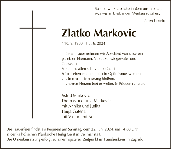 Todesanzeige von Zlatko Markovic von HNA