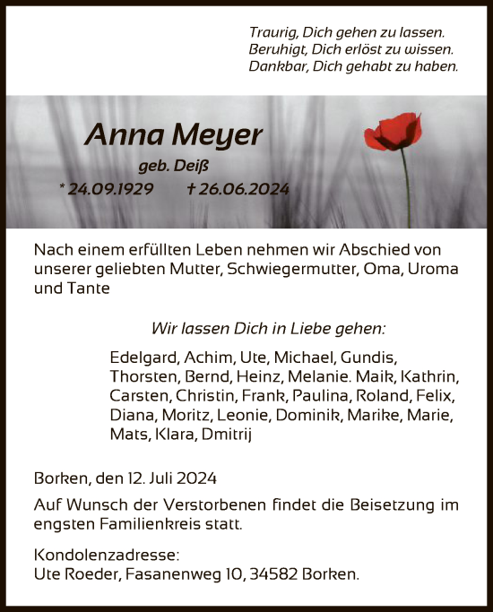 Todesanzeige von Anna Meyer von HNA
