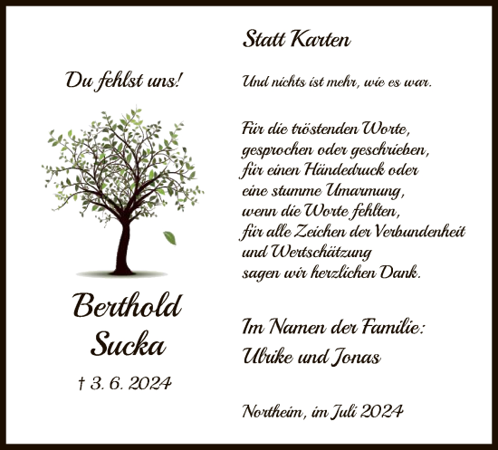 Todesanzeige von Berthold Sucka von HNA