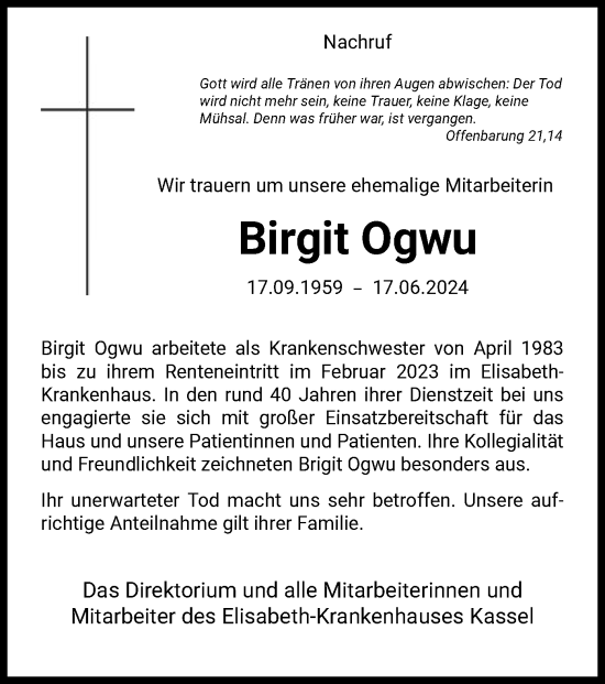 Todesanzeige von Birgit Ogwu von HNAHNA