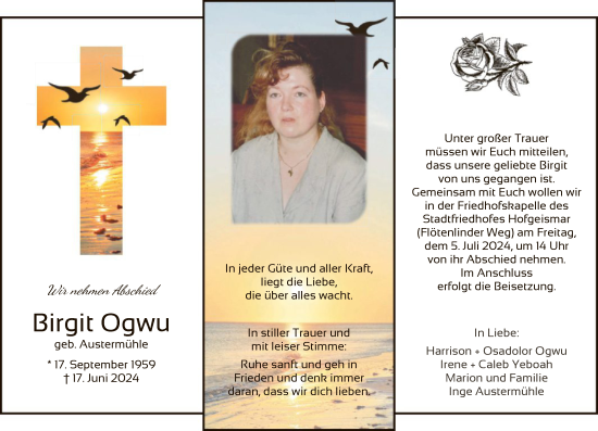Todesanzeige von Birgit Ogwu von HNA