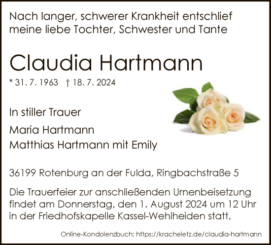 Todesanzeige von Claudia Hartmann von HNA