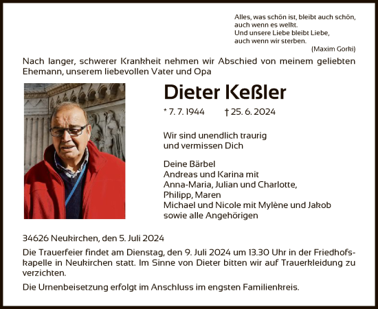 Todesanzeige von Dieter Keßler von HNA