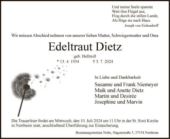 Todesanzeige von Edeltraut Dietz von HNA