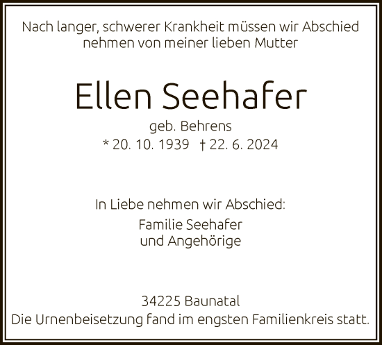 Todesanzeige von Ellen Seehafer von HNA