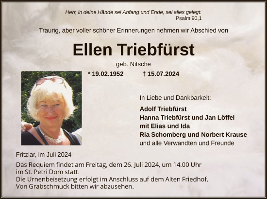 Todesanzeige von Ellen Triebfürst von HNA