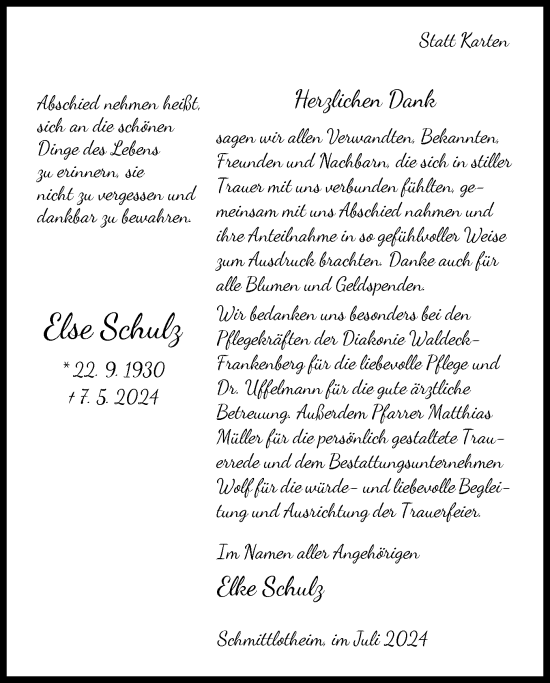 Todesanzeige von Else Schulz von HNA