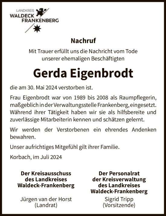Todesanzeige von Gerda Eigenbrodt von HNA