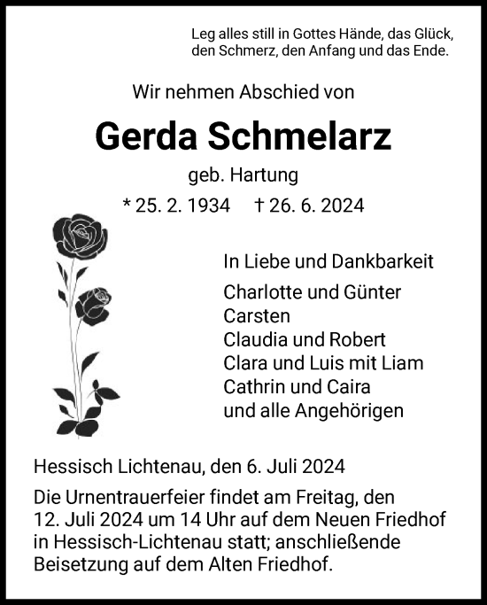 Todesanzeige von Gerda Schmelarz von HNA