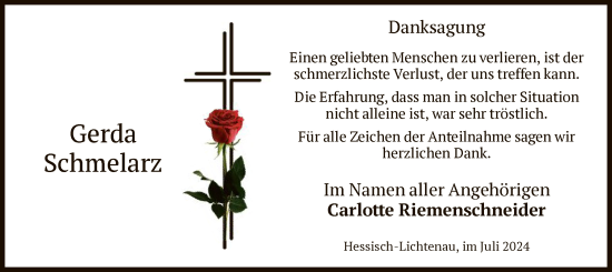 Todesanzeige von Gerda Schmelarz von HNA